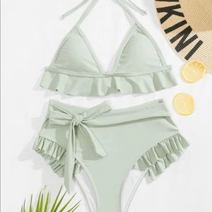Ruffle Trim Triangle High-Waisted Bikini Swimsuit